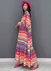 Plus Size V Neck Print Silk Maxi Dress Long Sleeve