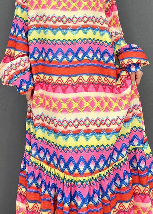 Plus Size V Neck Print Silk Maxi Dress Long Sleeve