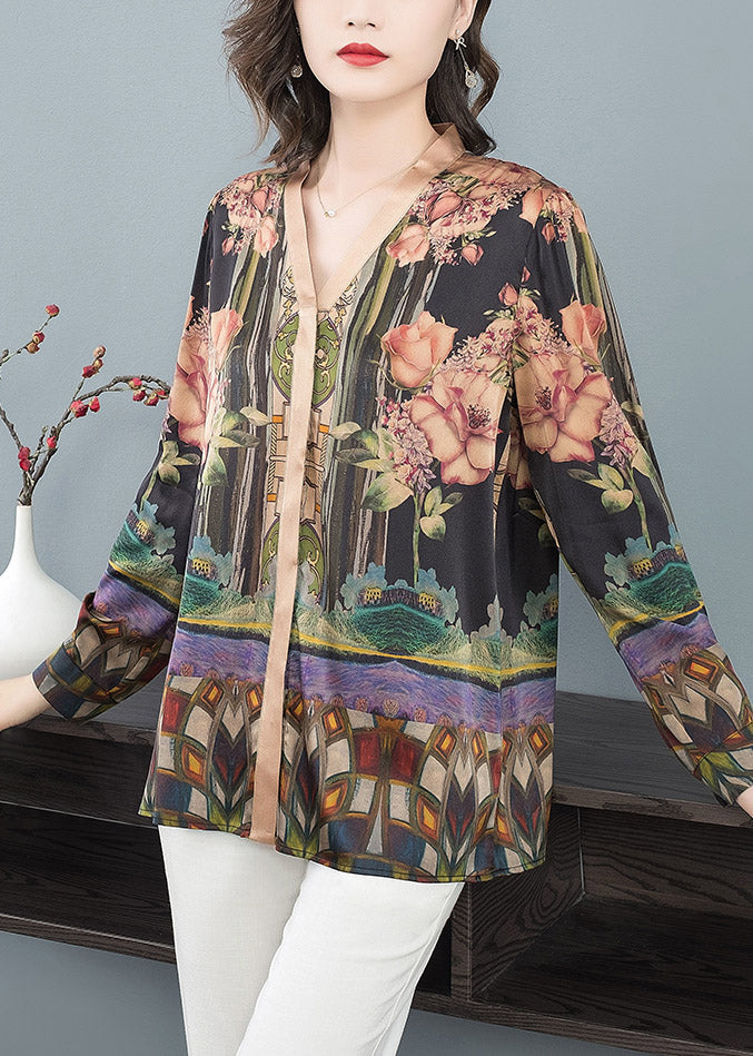 Plus Size V Neck Print Silk Top Long Sleeve