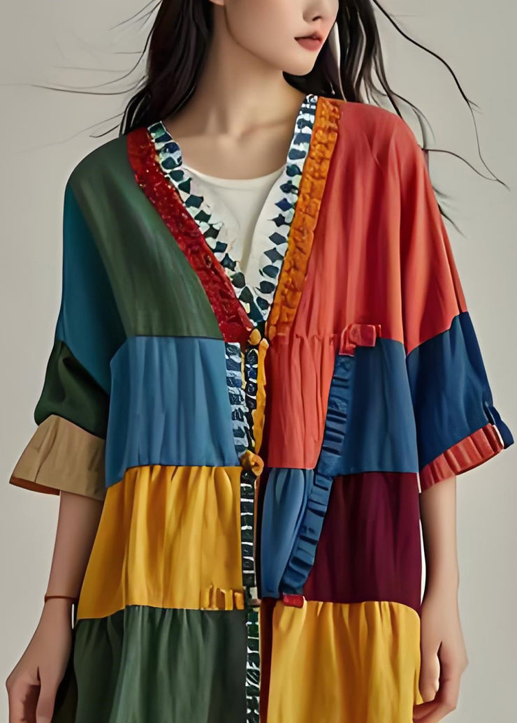 Plus Size V Neck Ruffled Patchwork Cotton Cardigans Coat Summer
