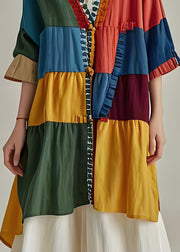 Plus Size V Neck Ruffled Patchwork Cotton Cardigans Coat Summer