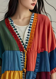 Plus Size V Neck Ruffled Patchwork Cotton Cardigans Coat Summer