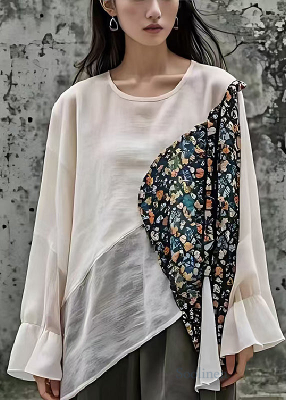 Plus Size White Asymmetrical Patchwork Cotton Top Summer