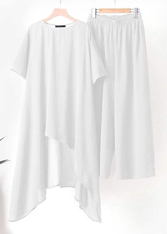 Plus Size White Asymmetrical Top And Wide Leg Pants Two Pieces Set Short Sleeve