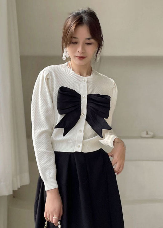 Plus Size White Button Bow Knit Shirt Tops Spring