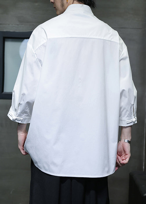 Plus Size White Button Solid Silk Cotton Men Shirts Bracelet Sleeve