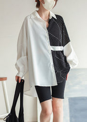 Plus Size White Dot Asymmetrical Button Chiffon Shirt Batwing Sleeve