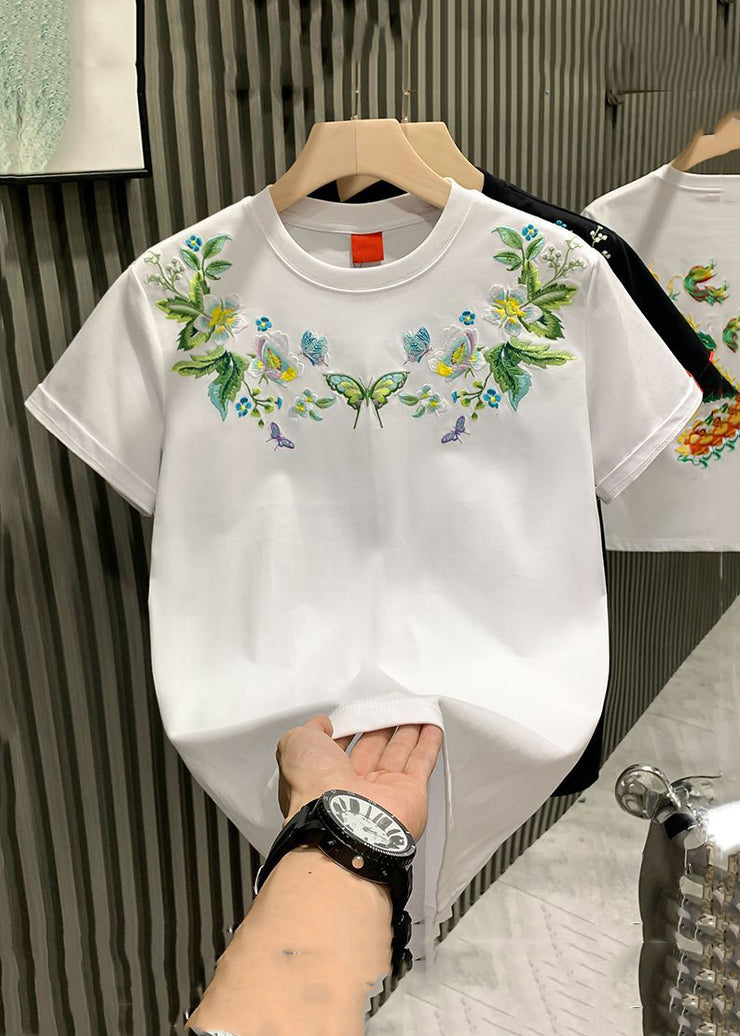Plus Size White Embroideried Solid Cotton Mens Neutral Tshirt Summer