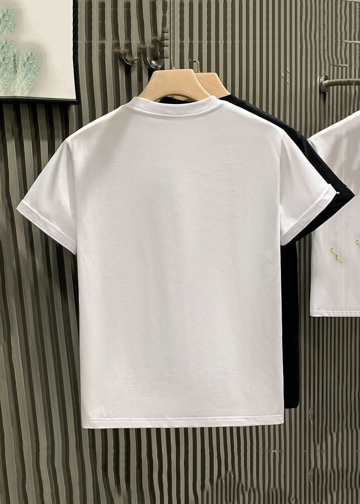 Plus Size White Embroideried Solid Cotton Mens Neutral Tshirt Summer