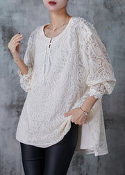 Plus Size White Nail Bead Chinese Button Lace Top Summer