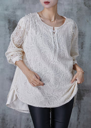 Plus Size White Nail Bead Chinese Button Lace Top Summer