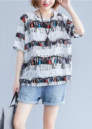 Plus Size White O-Neck Character Print Cotton Tops Summer