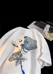 Plus Size White O-Neck Embroideried Cotton Men T Shirts Summer