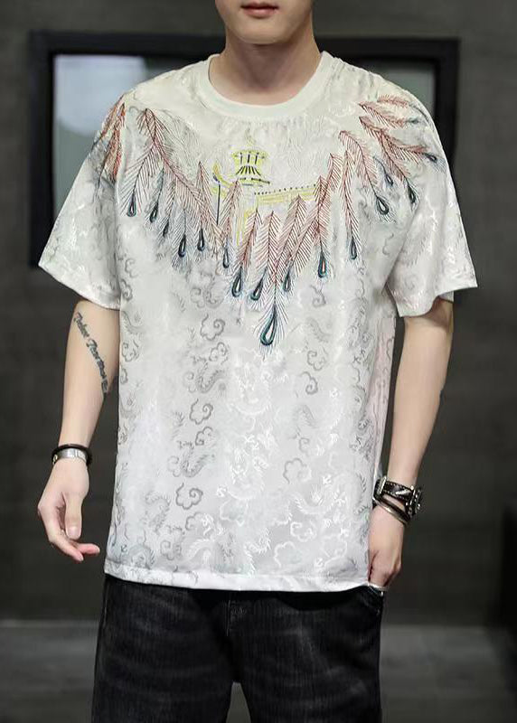 Plus Size White O-Neck Embroideried Ice Silk Men T Shirt Summer
