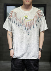 Plus Size White O-Neck Embroideried Ice Silk Men T Shirt Summer