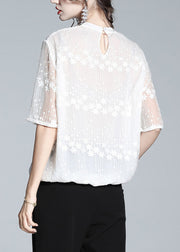 Plus Size White O-Neck Embroideried Ruffled Silk Shirts Short Sleeve