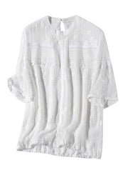 Plus Size White O-Neck Embroideried Ruffled Silk Shirts Short Sleeve