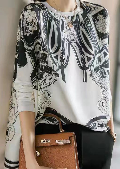 Plus Size White O Neck Print Patchwork Silk T Shirt Top Spring