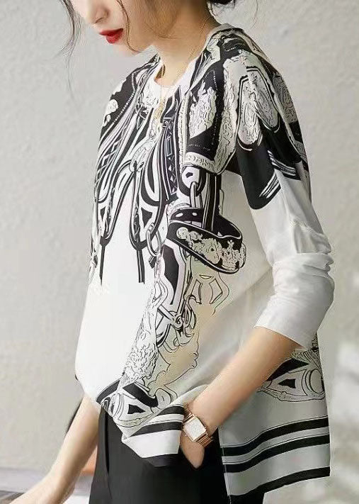 Plus Size White O Neck Print Patchwork Silk T Shirt Top Spring