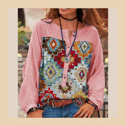 Plus Size Blue O-Neck button Print Top Long Sleeve