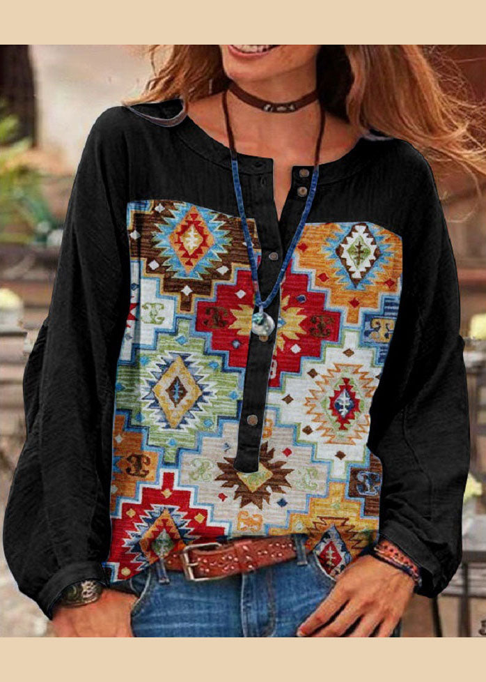 Plus Size Blue O-Neck button Print Top Long Sleeve