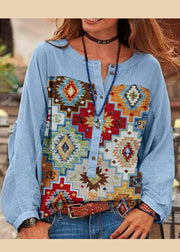 Plus Size Blue O-Neck button Print Top Long Sleeve