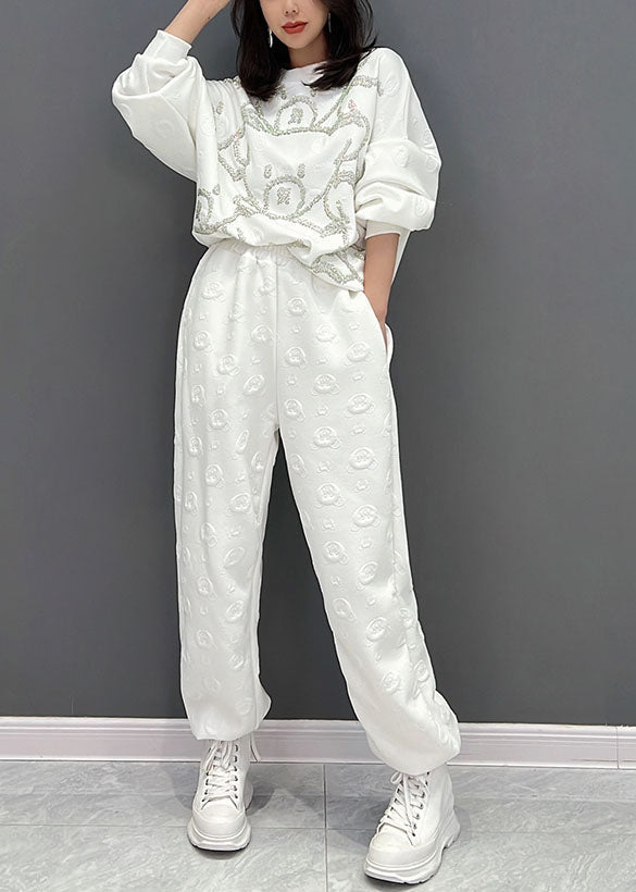 Plus Size White Oversized Bear Jacquard Cotton Two Piece Set Fall