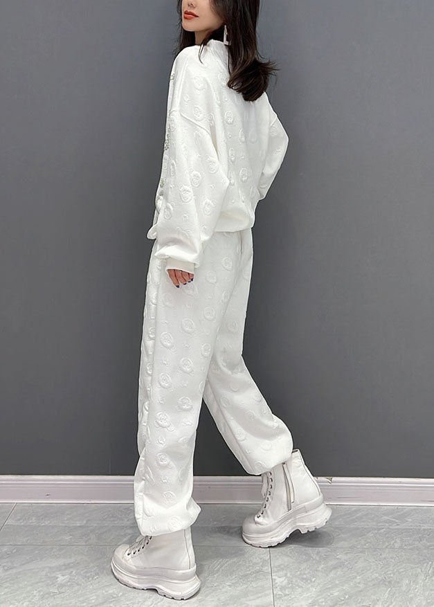 Plus Size White Oversized Bear Jacquard Cotton Two Piece Set Fall