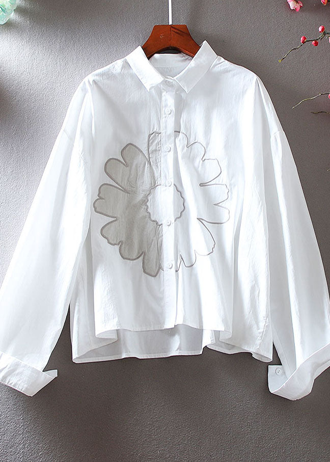 Plus Size White Oversized Floral Cotton Shirt Top Spring