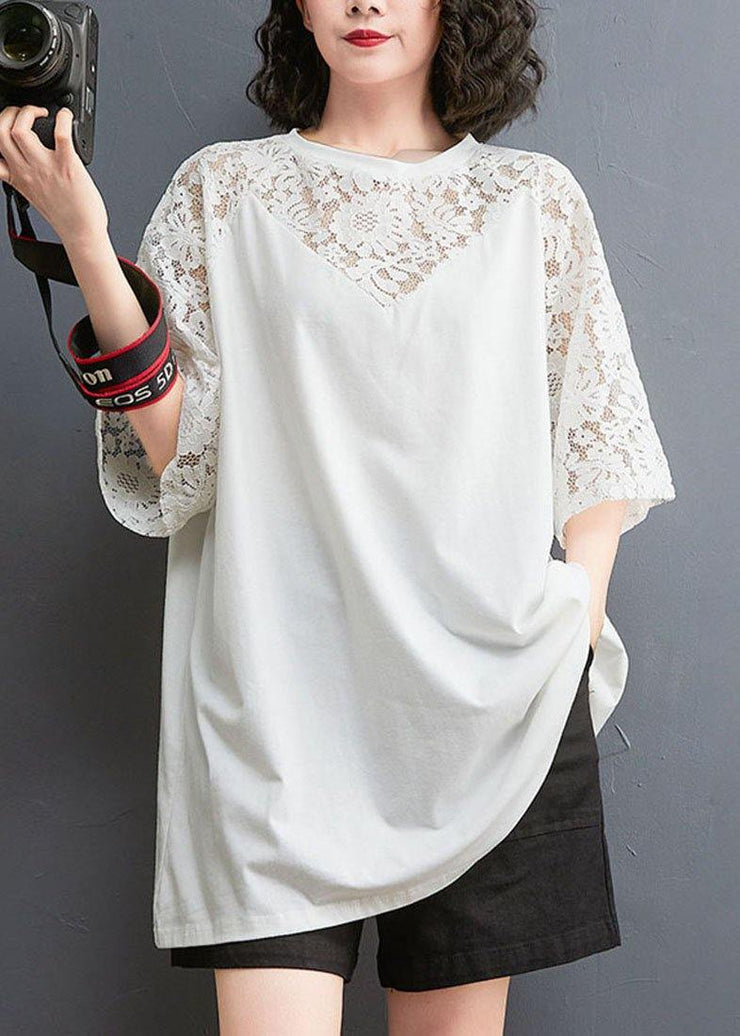 Plus Size White Patchwork Lace O-Neck Cotton Tee Summer