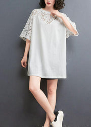 Plus Size White Patchwork Lace O-Neck Cotton Tee Summer