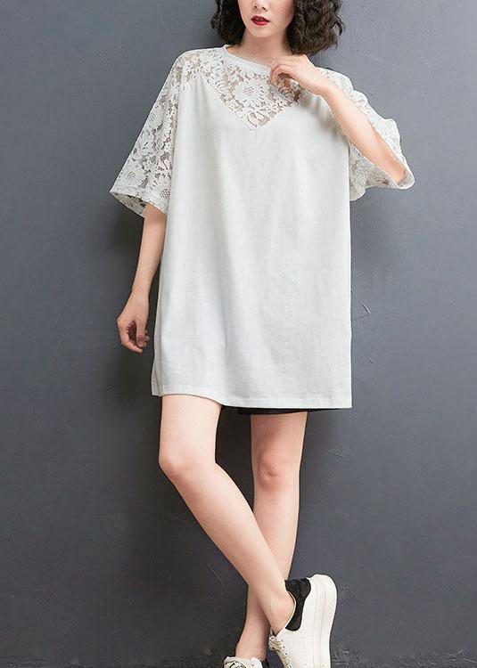 Plus Size White Patchwork Lace O-Neck Cotton Tee Summer