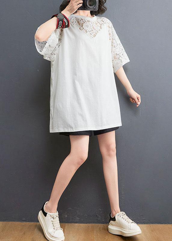 Plus Size White Patchwork Lace O-Neck Cotton Tee Summer