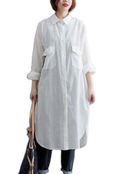 Plus Size White Peter Pan Collar Button Patchwork Cotton Shirts Dress Fall