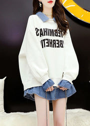 Plus Size White Peter Pan Collar Patchwork Fake Two Pieces Fleece Sweatshirt Fall