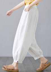 Plus Size White Pockets Elastic Waist Cotton Lantern Pants Spring