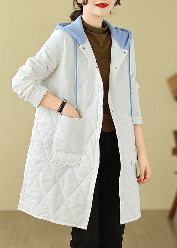 Plus Size White Pockets Fine Cotton Filled Hoodie Coat Winter