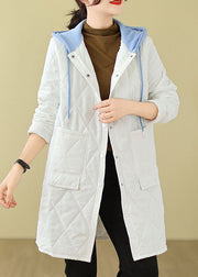 Plus Size White Pockets Fine Cotton Filled Hoodie Coat Winter