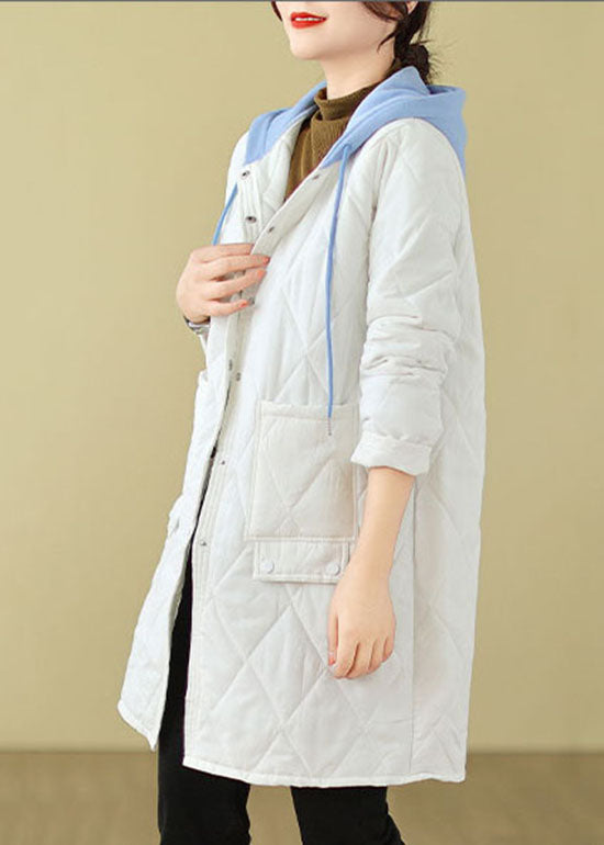 Plus Size White Pockets Fine Cotton Filled Hoodie Coat Winter