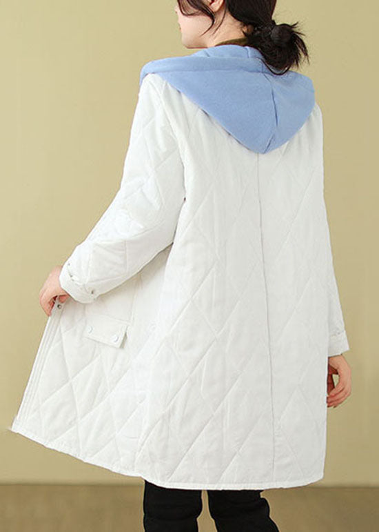 Plus Size White Pockets Fine Cotton Filled Hoodie Coat Winter