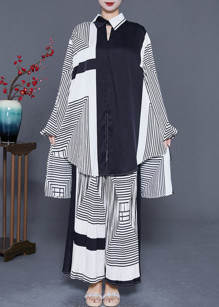 Plus Size White Print Oversized Low High Design Chiffon Two Pieces Set Lantern Sleeve