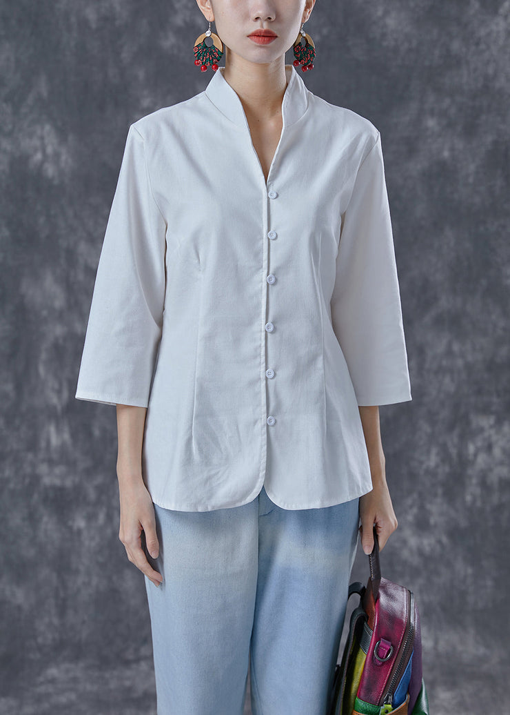 Plus Size White Stand Collar Button Cotton Shirt Tops Bracelet Sleeve