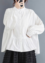 Plus Size White Stand Collar Patchwork Cotton Shirts Spring