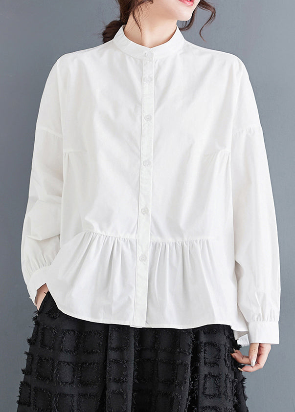 Plus Size White Stand Collar Patchwork Cotton Shirts Spring