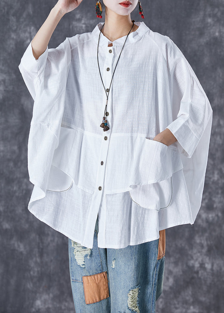 Plus Size Orange-Flower Stand Collar Patchwork Linen Shirt Tops Batwing Sleeve