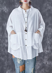 Plus Size Orange-Flower Stand Collar Patchwork Linen Shirt Tops Batwing Sleeve