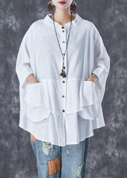 Plus Size Black Stand Collar Patchwork Linen Shirt Tops Batwing Sleeve