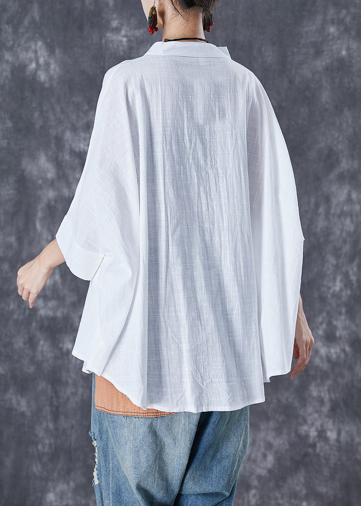 Plus Size Orange-Flower Stand Collar Patchwork Linen Shirt Tops Batwing Sleeve