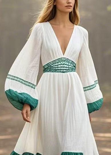 Plus Size White V Neck Patchwork Exra Large Hem Dresses Lantern Sleeve