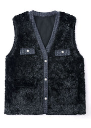 Plus Size White V Neck Patchwork Teddy Faux Fur Beach Vest Winter